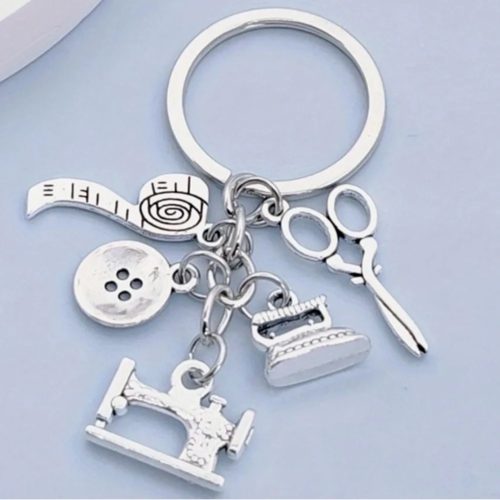 SEWING TOOLS Silvertone Keychain Bag Charm